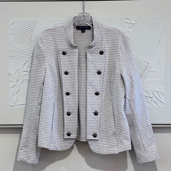 Tommy Hilfiger Women's Gray White Stripe SZ L Open Front Military Band Jacket - Picture 2 of 16